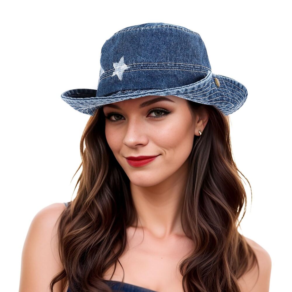 8511 Denim Bucket Hat Wide Brim Blue Jean Fisherman Hats Star Floppy Sun